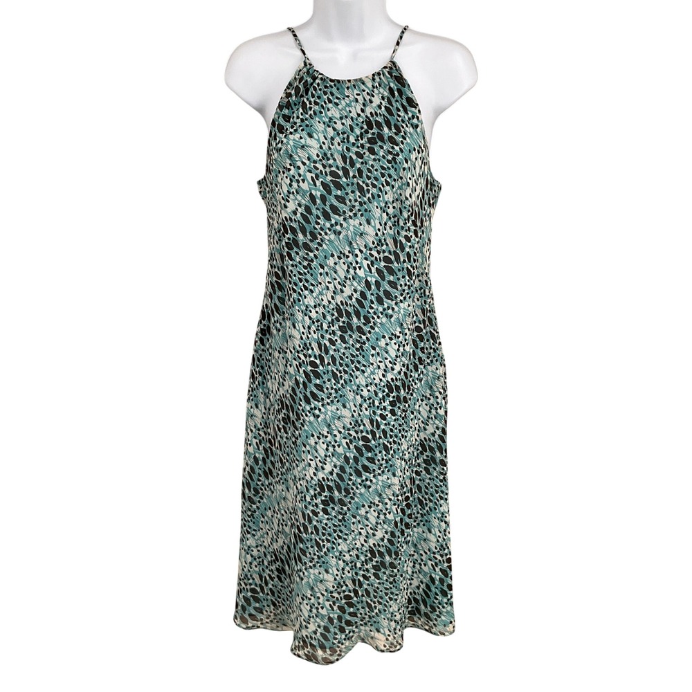 Vintage‎ Ann Taylor Halter Dress Women 8 Teal Silk Animal Print Midi Elegant